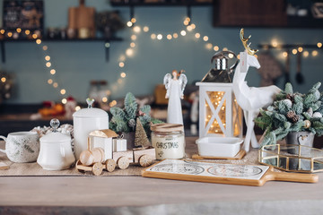 Necessary decorations for a festive dinner on the table. New Year eve concept