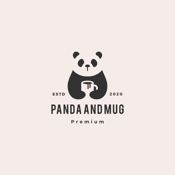 panda coffee mug logo vintage hipster retro vector icon illustration
