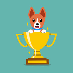 Cartoon vector character basenji dog with gold trophy cup award for design.