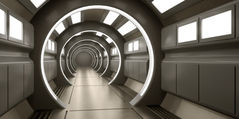 3d render. Futuristic spaceship scifi corridor architecture