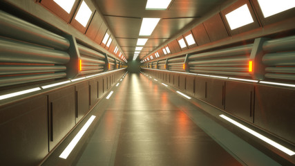 3d render. Futuristic spaceship scifi corridor architecture