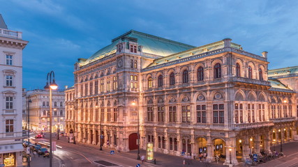 Beautiful view of Wiener Staatsoper aerial day to night timelapse in Vienna, Austria