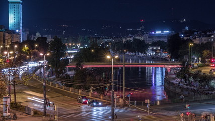 The Schwedenplatz is a square in central Vienna, located at the Danube Canal aerial night timelapse