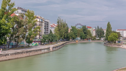 Vienna cityscape with the Danube channel timelapse in Vienna. Austria.