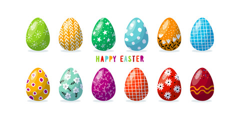 A set of decorated colored eggs. Happy Easter. Flat cartoon design for postcards, invitations. Colored eggs with a pattern. Cute vector illustration isolated on white background