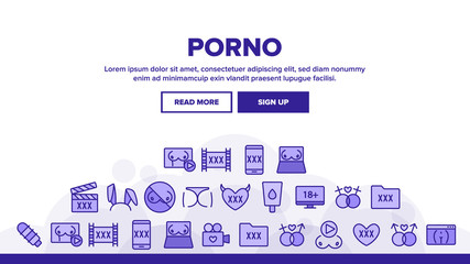 Porno Film Industry Landing Web Page Header Banner Template Vector. Porno Web Site And Folder Xxx, Boobs On Laptop Screen And Bunny Ears Illustration