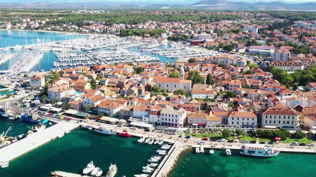 Croatia, town of Biograd on the Adriatic sea, drone footage of historic town center and yachting marina