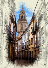 Street view of the tower of the Сathedral Lugo, Galicia, Spain. -  Artistic and graphic style.