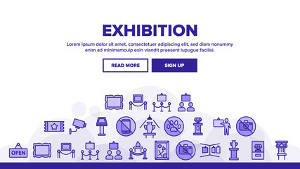 Fototapeta na wymiar Exhibition And Museum Landing Web Page Header Banner Template Vector. Ticket And Picture On Exhibition, Security Video Camera And Diamond On Pedestal Illustration