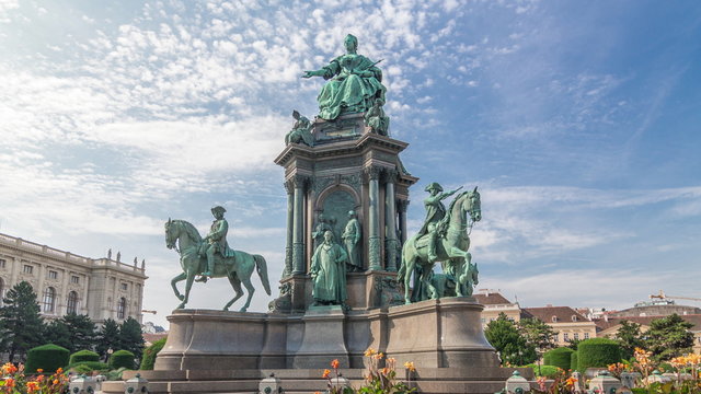 Empress Maria Theresia Monument timelapse hyperlapse and Museums Quartier on a background in Vienna, Austria.