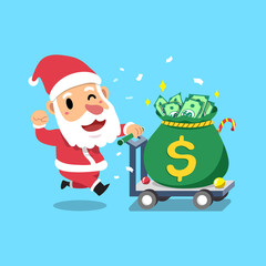 Fototapeta premium Merry Christmas vector cartoon character santa claus pushing big money bag for design.