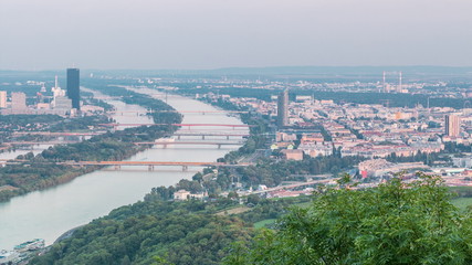 Skyline of Vienna from Danube Viewpoint Leopoldsberg aerial timelapse.