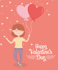 happy valentines day young woman with balloons shape hearts love card