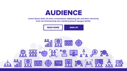 Audience Social Group Landing Web Page Header Banner Template Vector. Human On Computer Screen And Magnifier, Video Player And Web Site Audience Illustration