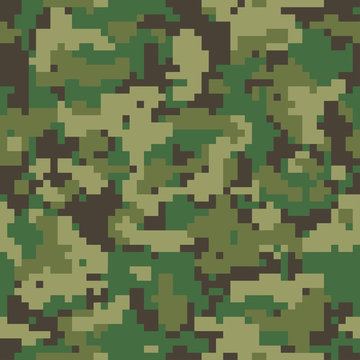 Digital pixel green camouflage seamless pattern for your design. Army background. Clothing military style. Vector texture