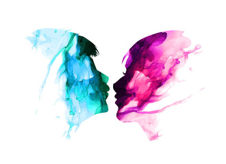 Faces kissing lovers from blots. Happy Valentine's Day. Mixed media. Vector illustration