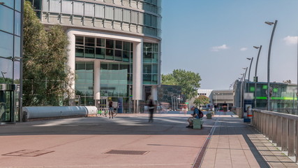 Naklejka premium Donaustadt Danube City timelapse is a modern quarter with skyscrapers and business centres in Vienna, Austria.