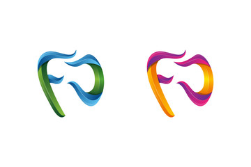 Set of The logo of the letter F and letter D on the shape of the tooth, Initial F logo, Dental logo, 3d identity. purple, green, orange and blue color. family dental clinic logo design template