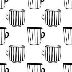 Black and white illustration of tea or coffee mugs. Seamless pattern for coloring book, page.