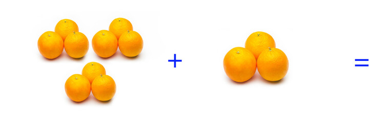 Sencilla operación matemática de suma; cálculo matemático con naranjas