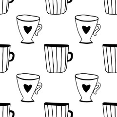 Black and white illustration of tea or coffee mugs. Seamless pattern for coloring book, page.