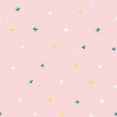 Seamless pattern with a little yellow, blue and white stars on pink background. Vector illustration.