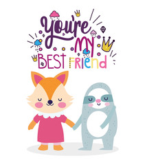 best friends card cute fox and sloth cartoon holding hands