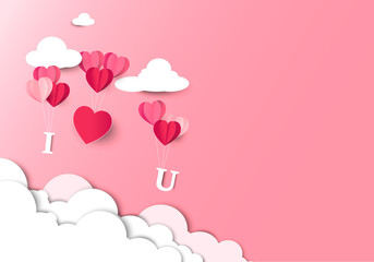 Vector illustration papercut with hearts balloon, lovely and valentine's day background, copy space for note and texture