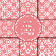 Compilation of floral patterns. White design with flowers on pale pink background