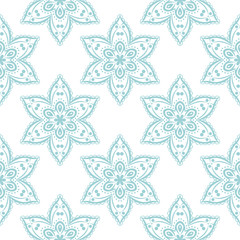 Pale blue seamless pattern on white backdrop. Geometric background. Indian style
