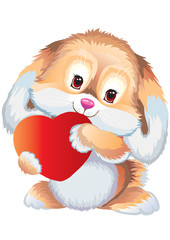 cute beige hare with cuddled ears and big eyes holds red heart to itself, vector illustration