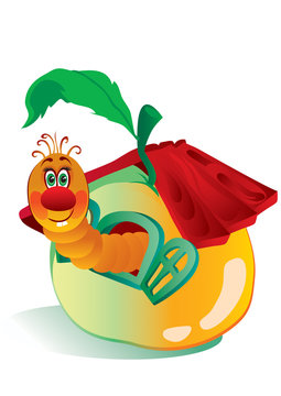 cute worm crawls out of an apple with a red roof, house, hospitality, comfort, vector illustration