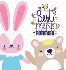 best friends cute rabbit with dress and bear cartoon card