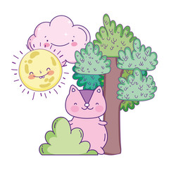 cute squirrel cartoon sun cloud tree bush