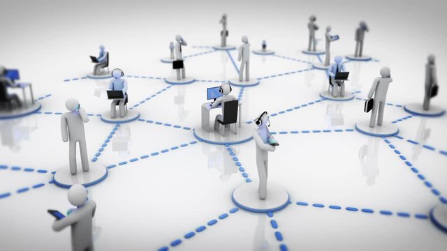Social Network. Blue. 2 videos in 1 file. Animation representing the network concept, every character is connected through a technological device to internet. White background.    