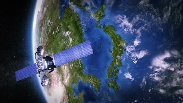 Japan. Highly detailed telecommunication satellite orbiting the Earth. 2 videos in 1 file.