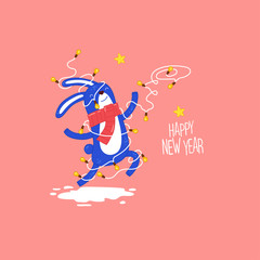 Obraz premium Christmas and Happy New Year holidays card. Funny blue bunny jumping in a Christmas garland on the pink background