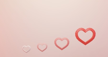 3D rendering of valentine. Set of hearts floating on pink background, minimalist mockup. Love symbol. Modern 3d render.