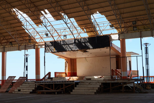 Destroyed sports complex caused by typhoon Ursula
