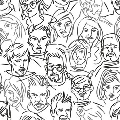 Seamless pattern of a group of people. Many different avatars. Portraits of men and women. Black and white linear people. character design.
