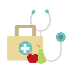 stethoscope, fruits and first aid kit