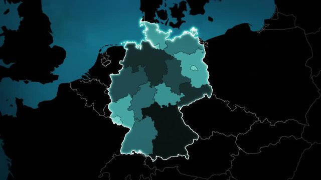 World map with German: Airports, Roads and Railroads. Blue.  This video is entirely loopable and also has 2 loopable sequences from frame 80 to 460 and from 461 to 802.