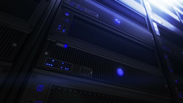 Computer servers, detail shot. Loopable. Blue. 3 videos in 1 file. Flying through Servers in a Data Center.  More options in my portfolio.