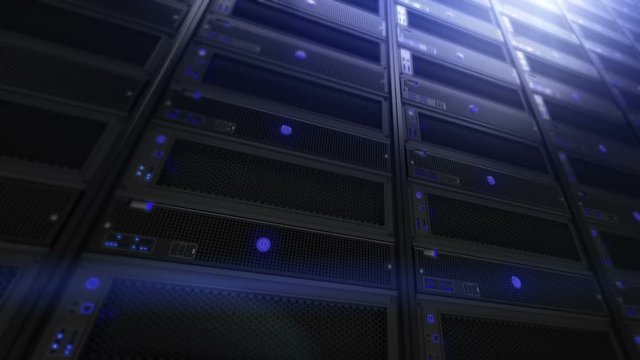 Computer servers, detail shot. Loopable. Blue. 3 videos in 1 file. Flying through Servers in a Data Center. More options in my portfolio.