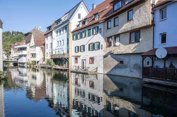 Fototapeta na wymiar reflection of picturesque houses in Muhlcanal, Horb am Neckar, Germany