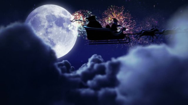 Santa flying with fireworks over full moon. 2 videos in 1 file. Santa Claus and his reindeers flying in the sky with fireworks.
