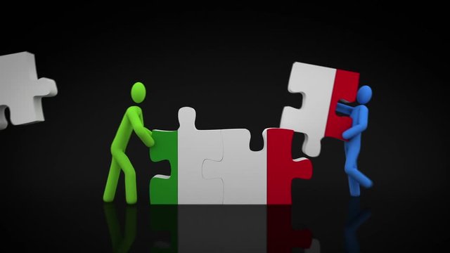 Italian flag puzzle. Black background. 2 videos in 1 file. 3D characters doing an Italian flag puzzle over black background.
