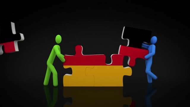 German flag puzzle. Black background. 2 videos in 1 file. 3D characters doing a German flag puzzle over black background.