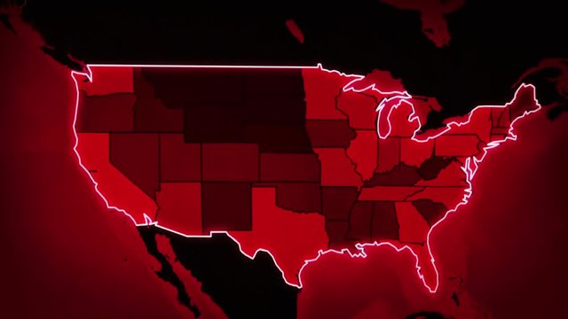 United States map with Airports, Roads and Railroads. Red. Map showing: city airports, Interstate Routes and Railroads. Video entirely loopable. Also has a loopable sequence from f 80 to f411. 