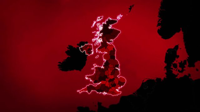 United Kingdom map with Administrative Units, Airports and Roads. Red. This video is entirely loopable and also has 2 loopable sequences from frame 80 to 460 and from  frame 461 to 804.